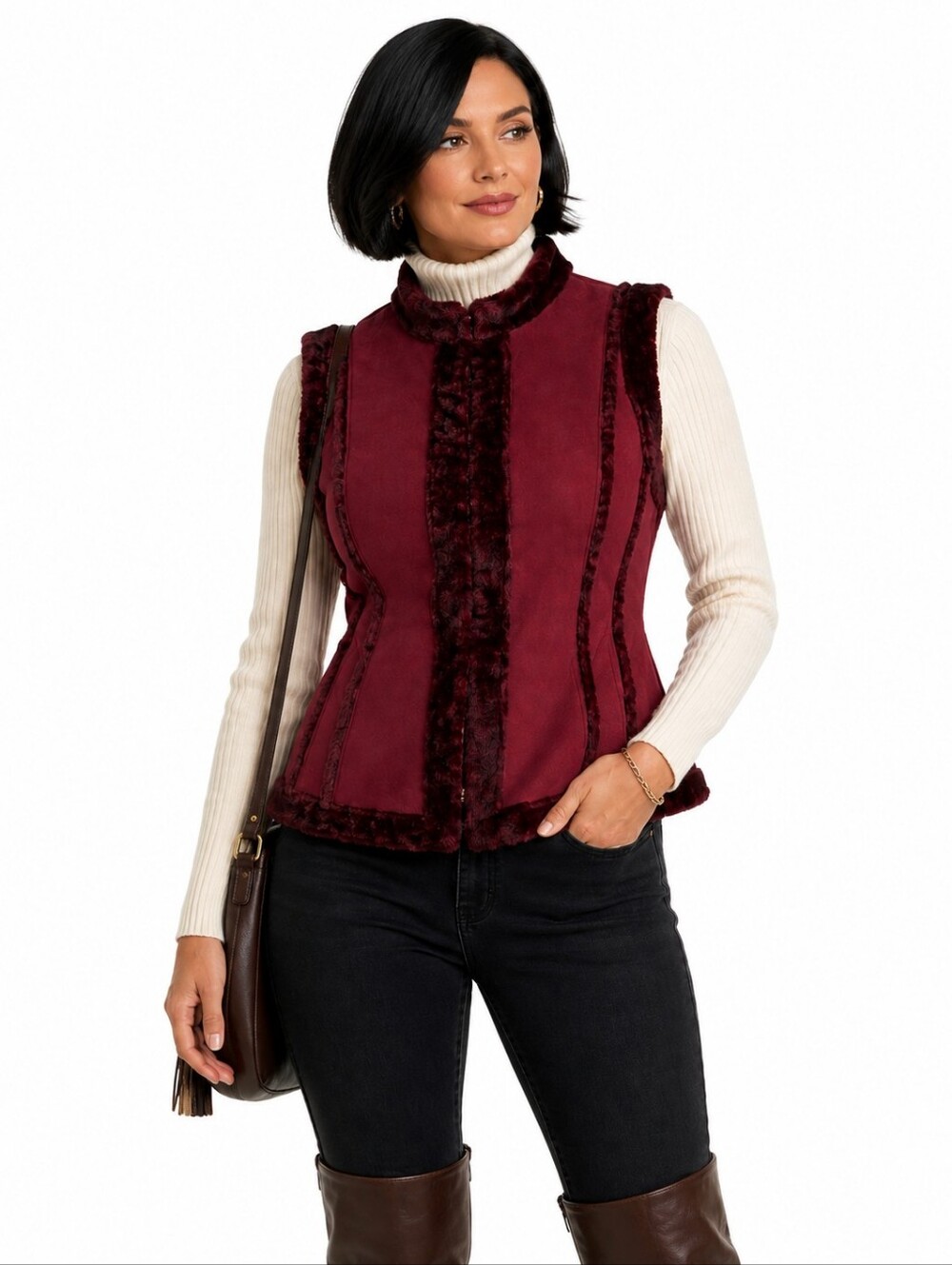 Prosper & Devine Suede Leather Vest M Burgundy Faux Fur Trim Western